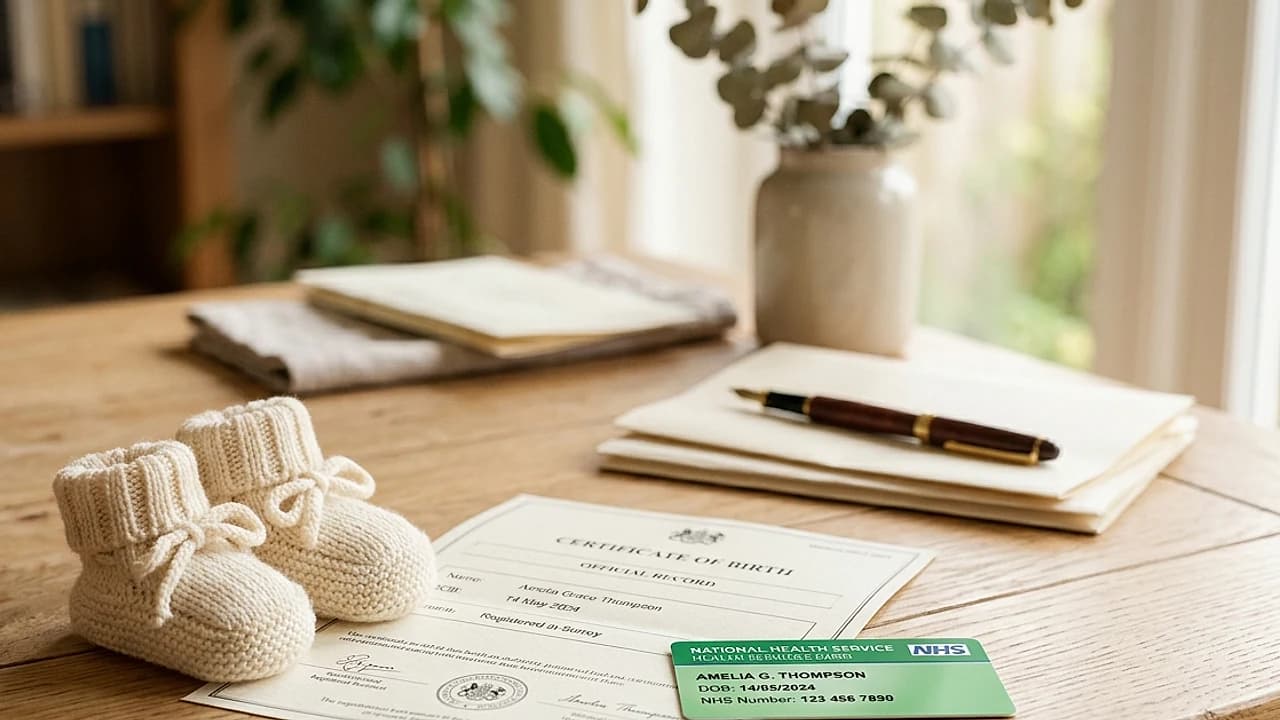 Scarpine di lana e certificato di nascita su un tavolo: adempimenti dopo la nascita di un figlio nel 2026.