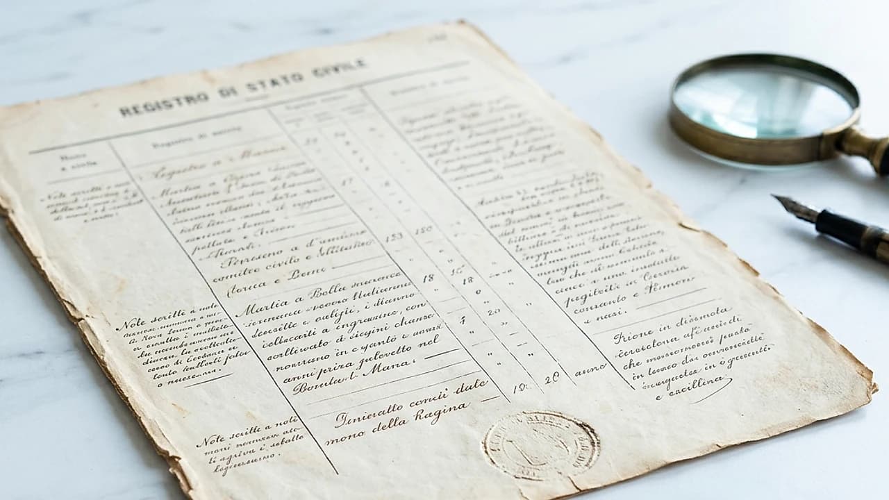 Copia integrale dell'atto di nascita con annotazioni marginali e sigillo del Comune su scrivania chiara