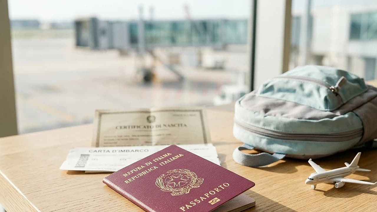 Passaporto per minori accanto a uno zainetto da bambino, un aereo giocattolo e un estratto di nascita su un tavolo chiaro