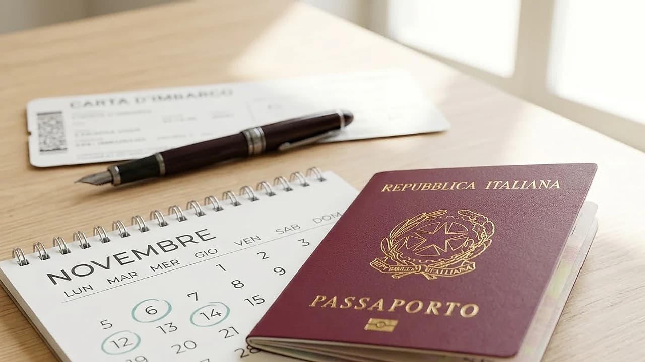 Passaporto italiano aperto accanto a un calendario con date cerchiate e una carta d'imbarco: tempi di rilascio del passaporto