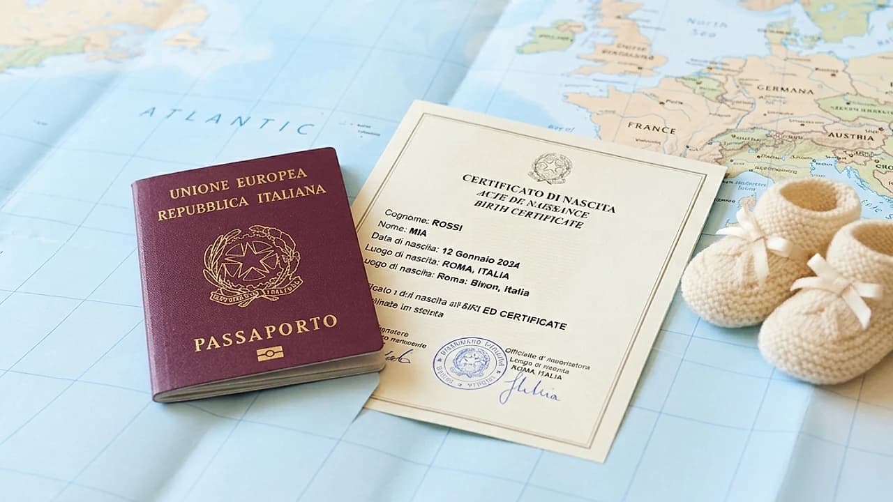 Passaporto italiano e atto di nascita estero plurilingue su una mappa: trascrizione dell'atto di nascita estero in Italia