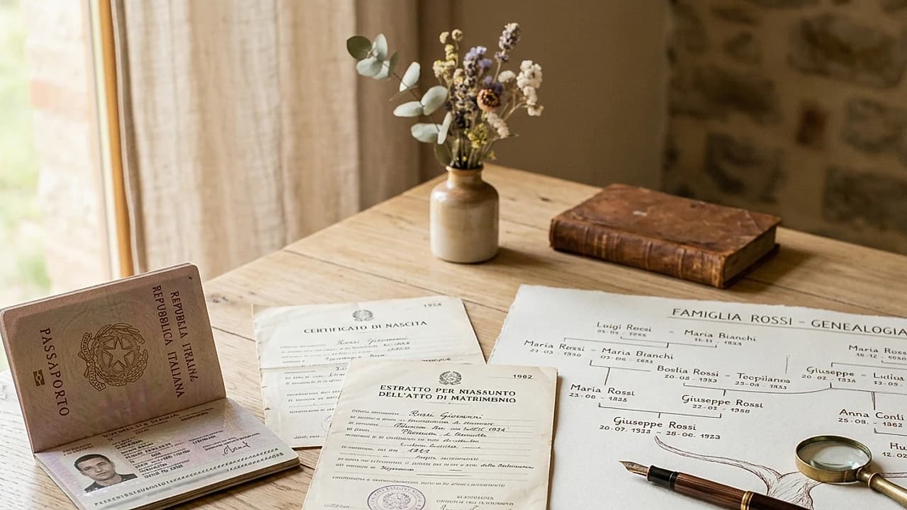 Passaporto italiano e atti di nascita d'epoca su un albero genealogico: cittadinanza per discendenza iure sanguinis 2026