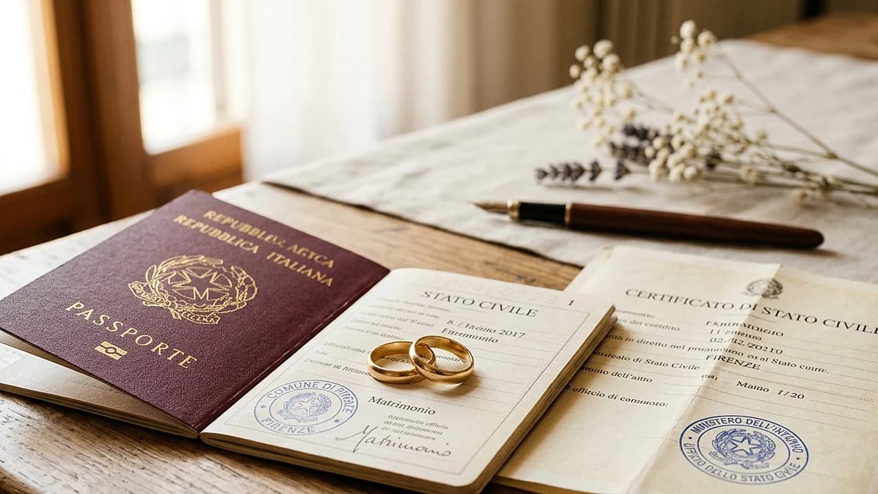 Due fedi nuziali su un passaporto italiano accanto a un atto di matrimonio: cittadinanza per matrimonio 2026