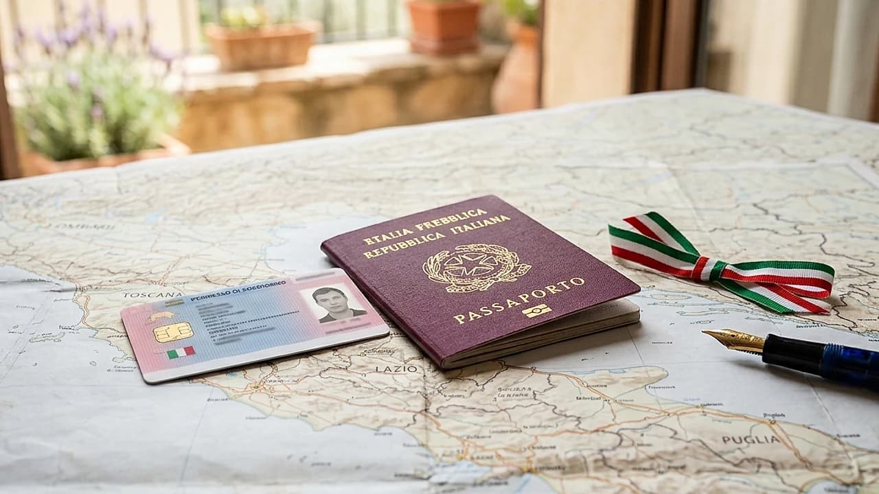 Passaporto italiano e permesso di soggiorno su una mappa dell'Italia, simbolo della cittadinanza per residenza