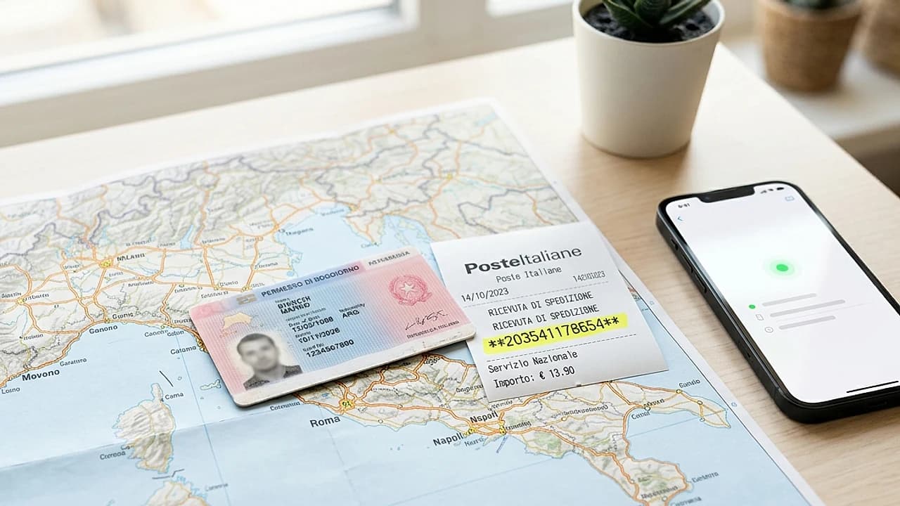 Permesso di soggiorno e ricevuta con numero assicurata su mappa d'Italia per il controllo online dello stato pratica 2026