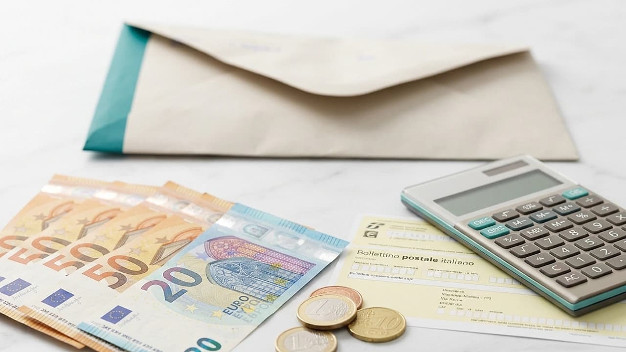 Banconote in euro, calcolatrice e bollettino postale per il calcolo del costo del permesso di soggiorno 2026