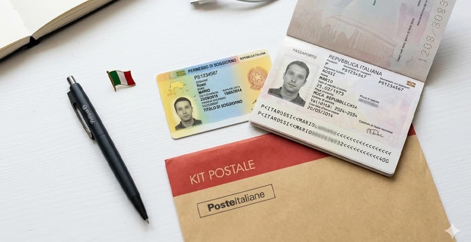 Permesso di soggiorno elettronico, passaporto e busta kit postale su scrivania — guida rinnovo 2026 con costi e documenti