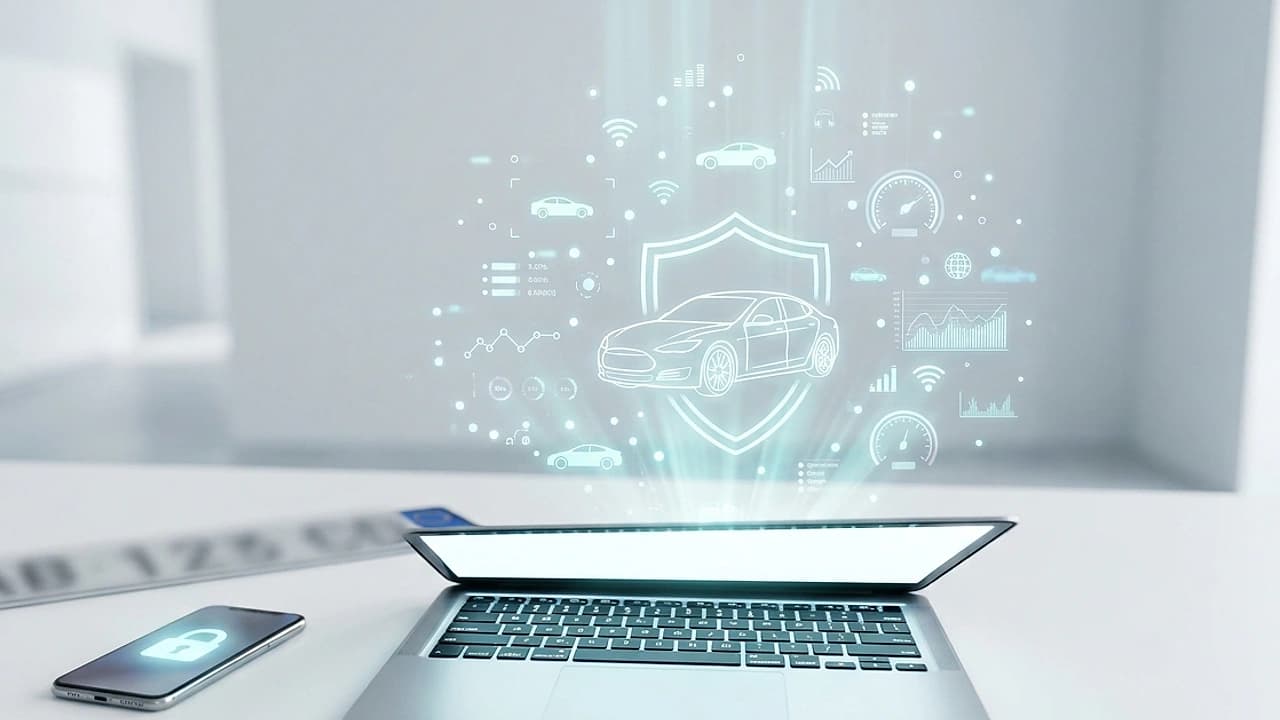 Laptop con il portale Visurenet ACI per la visura PRA online 2026 e una targa auto italiana su scrivania luminosa
