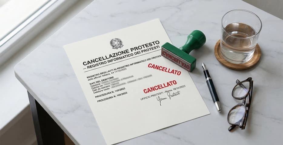 Documento di cancellazione protesto dal Registro Informatico dei Protesti CCIAA con timbro cancellato — guida procedure 2026