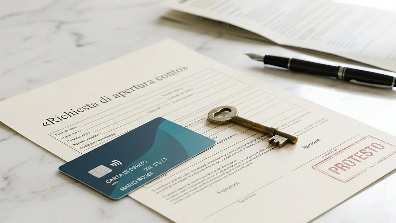 Carta di debito e chiave appoggiate su un modulo di apertura conto con timbro di protesto: conto corrente per protestati.