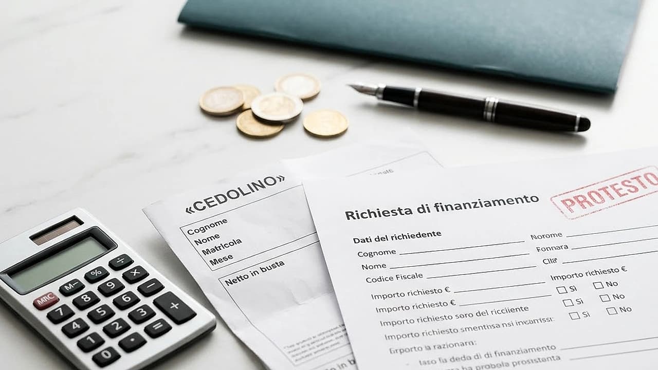 Calcolatrice, busta paga e modulo di finanziamento con timbro di protesto: finanziamento per protestati e cessione del quinto