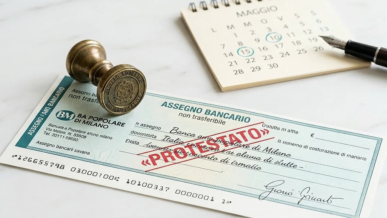Assegno bancario con timbro di protesto e sigillo notarile accanto a un calendario: levata del protesto e tempi.