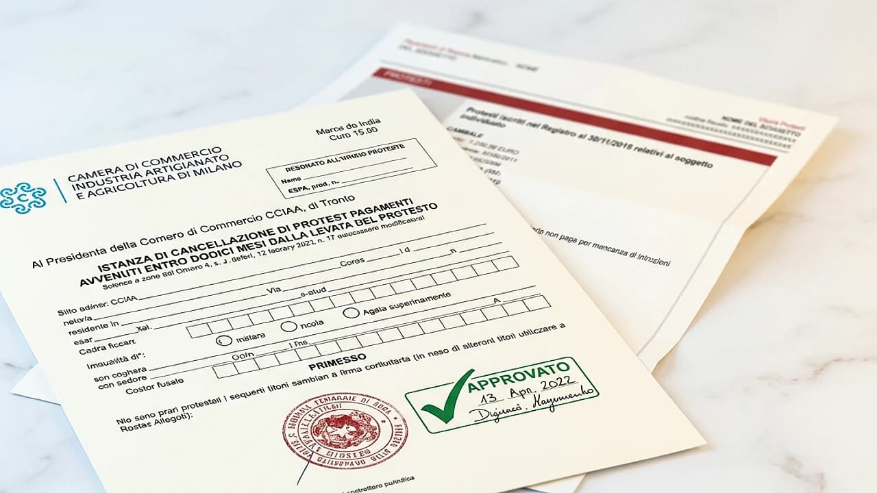 Documento ufficiale di cancellazione protesto su scrivania con timbro CCIAA e visura protesti 2026
