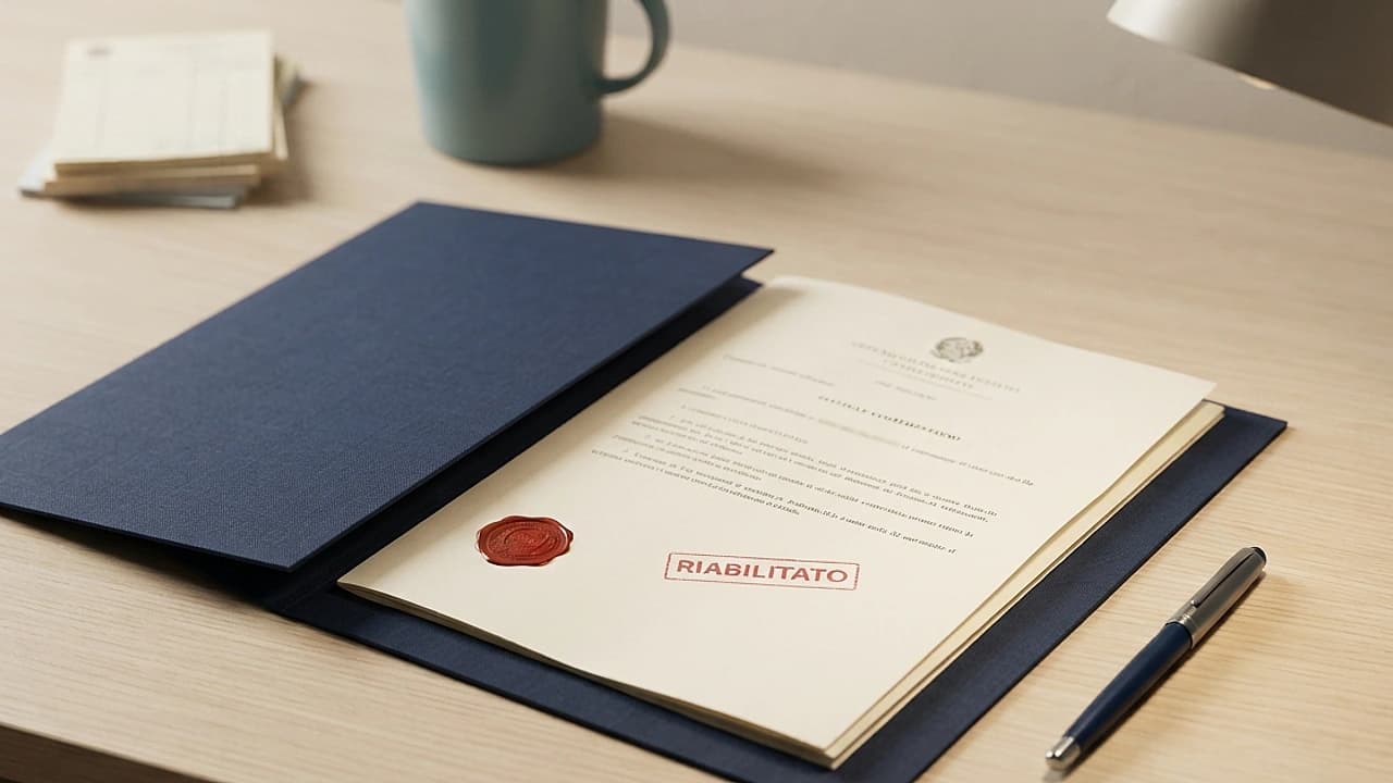 Fascicolo civile con decreto del Tribunale e timbro rosso "Riabilitato": riabilitazione del protestato 2026
