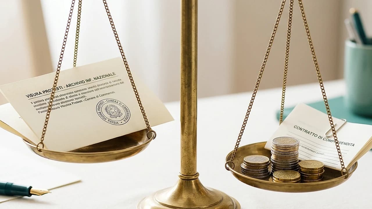 Bilancia in ottone che pesa una visura protesti contro monete: verifica di un'azienda prima di un contratto