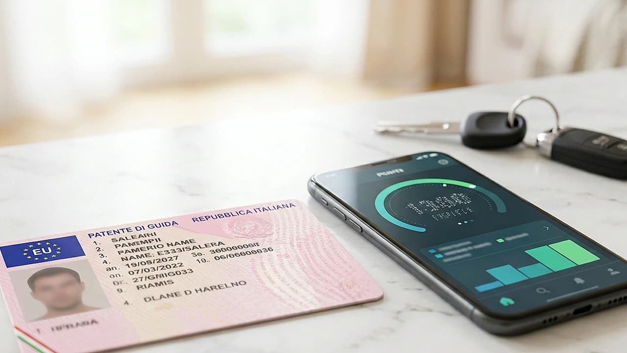 Patente di guida italiana accanto a uno smartphone che mostra il saldo punti sul Portale dell'Automobilista nel 2026