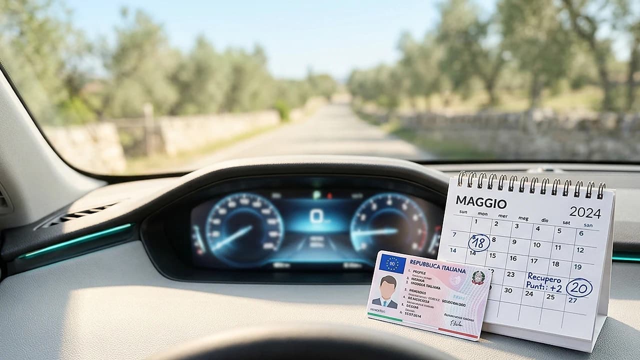 Cruscotto auto con contachilometri e patente italiana, tema saldo punti patente 2026 e tempi di aggiornamento