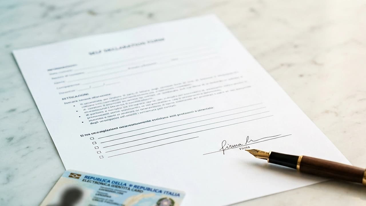 Foglio di autocertificazione firmato con penna stilografica e carta d'identità accanto, dichiarazione sostitutiva 2026.