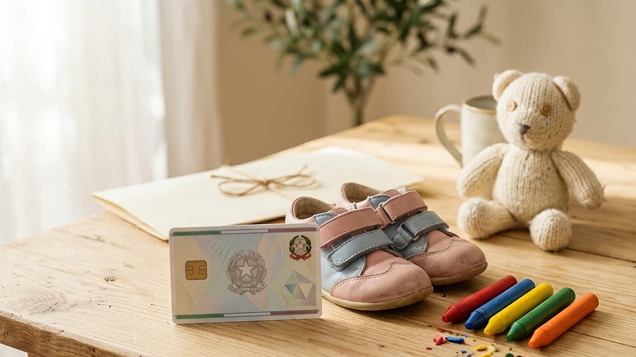 Carta d'identità elettronica italiana per minori appoggiata su una scrivania chiara accanto a una fototessera di un bambino.