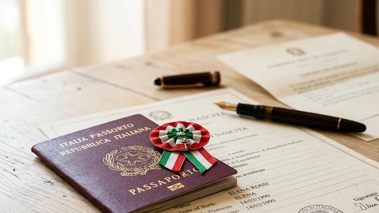 Passaporto italiano e coccarda tricolore su un certificato di cittadinanza, simbolo della cittadinanza italiana