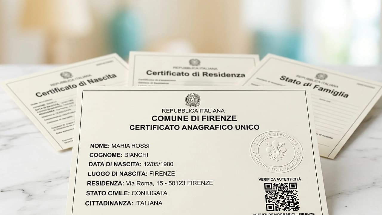 Certificato contestuale 2026 con QR e sigillo che riunisce più certificati anagrafici in un unico documento.
