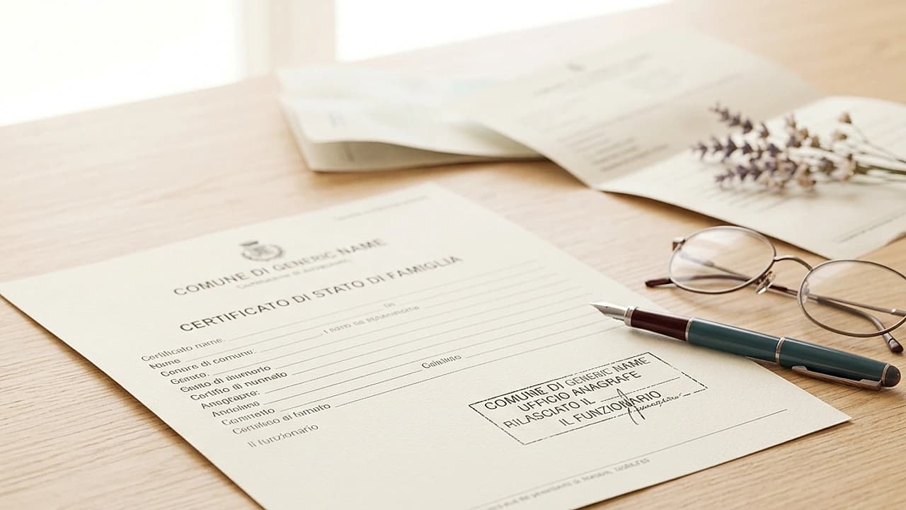 Certificato di esistenza in vita 2026 su scrivania chiara con timbro del Comune e penna, documento anagrafico ufficiale.