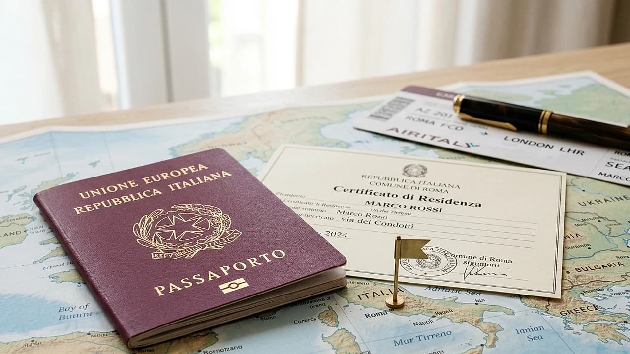 Passaporto italiano e un certificato di residenza AIRE su una mappa del mondo, richiesta online dall'estero nel 2026.