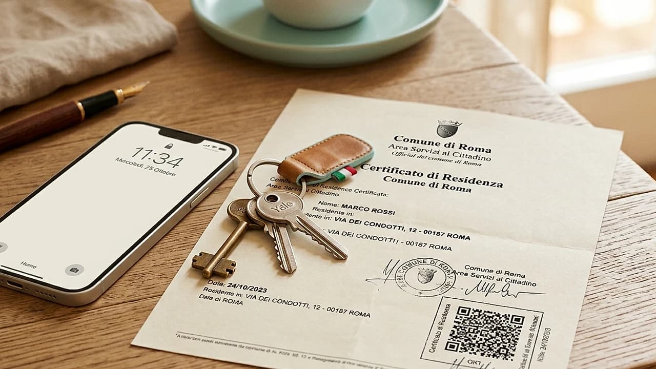 Chiavi di casa e certificato di residenza con QR code accanto a uno smartphone, richiesta online 2026 su ANPR.