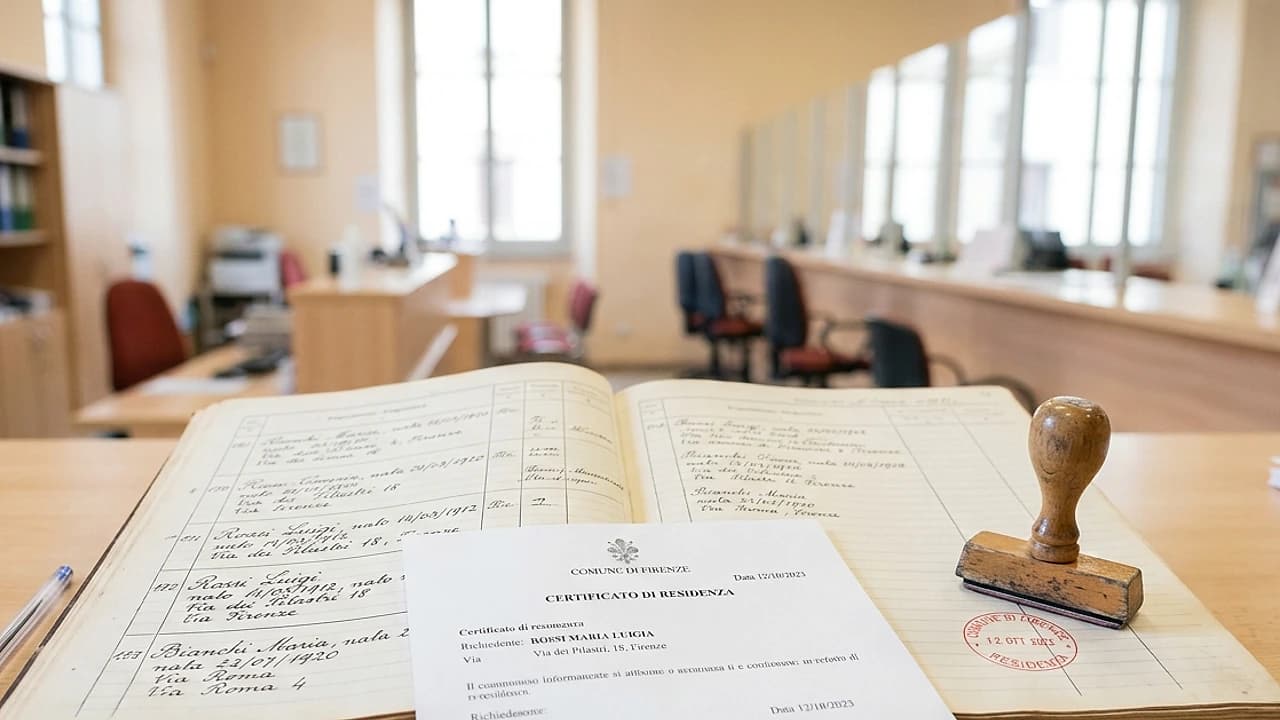 Certificato di residenza storico su una scrivania con timbro del Comune e mappa di trasferimenti di residenza