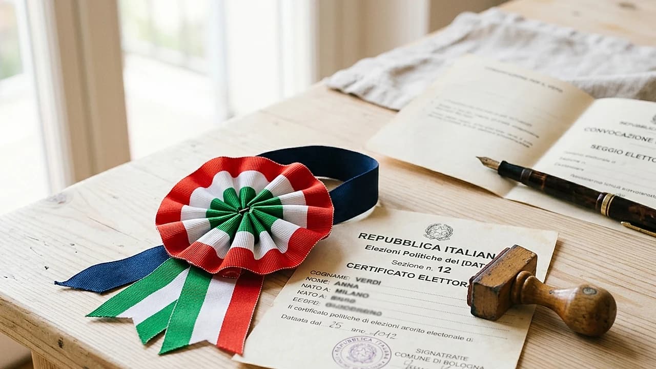 Coccarda tricolore italiana accanto a un certificato elettorale di godimento dei diritti politici 2026