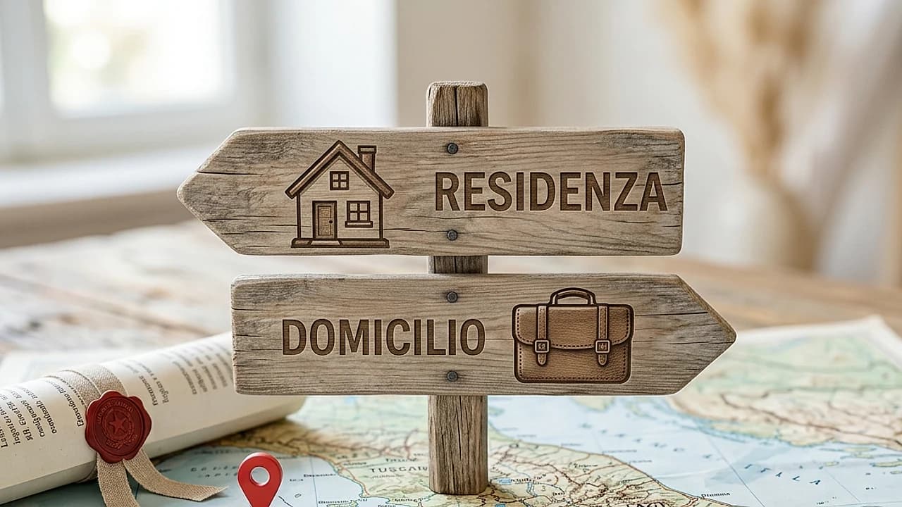 Segnavia con due frecce residenza e domicilio sopra una mappa dell'Italia, differenza residenza e domicilio