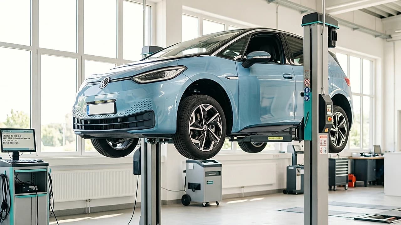 Auto su ponte sollevatore in un centro revisioni durante la prenotazione della revisione auto online nel 2026