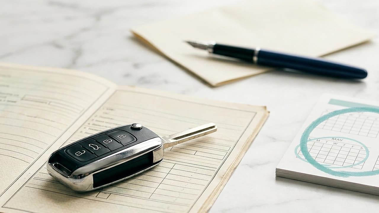 Carta di circolazione con la data di prima immatricolazione e chiavi di un'auto nuova per calcolare la prima revisione