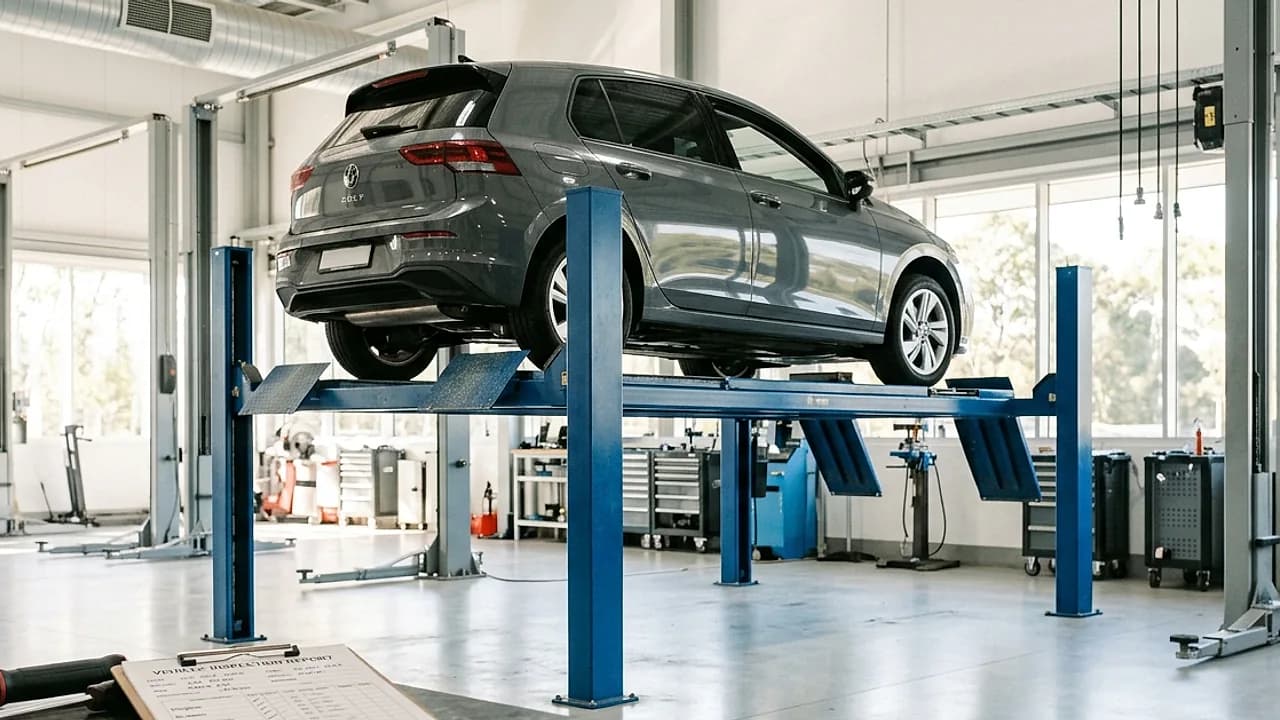 Auto su ponte sollevatore in un centro revisioni con referto di esito negativo della revisione 2026