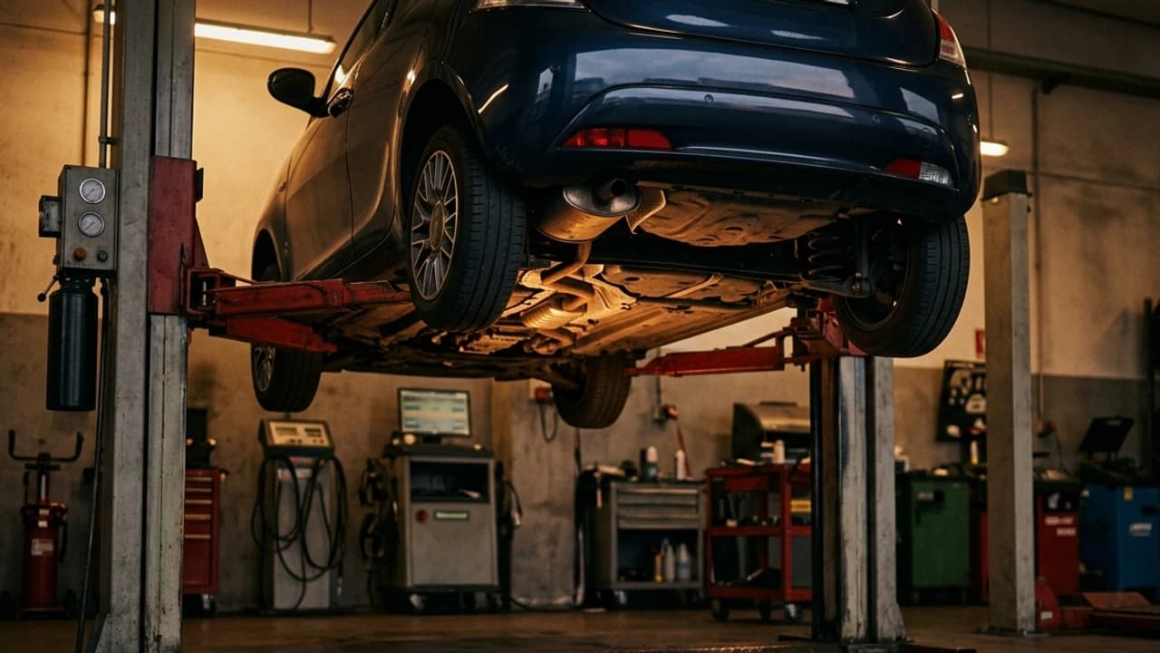 Automobile su ponte sollevatore in officina di revisione con luce calda, simbolo del controllo dopo una revisione scaduta nel 2026