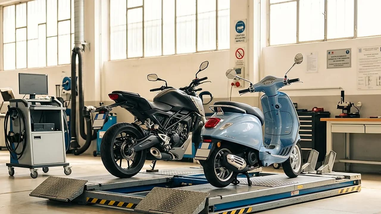 Scooter e moto in officina su ponte di revisione, controllo tecnico periodico obbligatorio della moto
