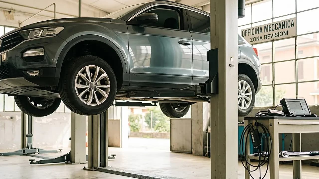 Auto su ponte sollevatore in officina per la revisione, con strumenti per il tagliando e sonda per i gas di scarico