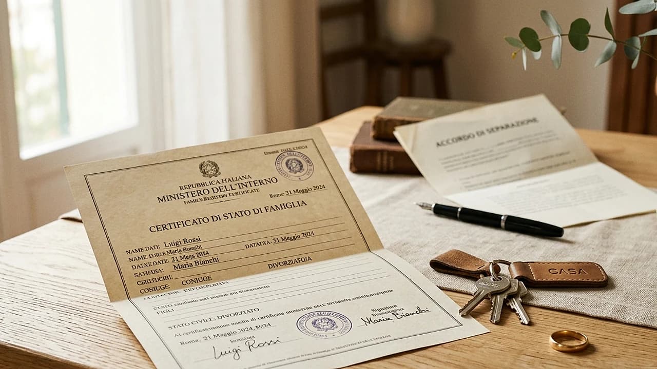 Certificato stato di famiglia con fede matrimoniale e chiavi di casa su tavolo luminoso, separazione familiare 2026