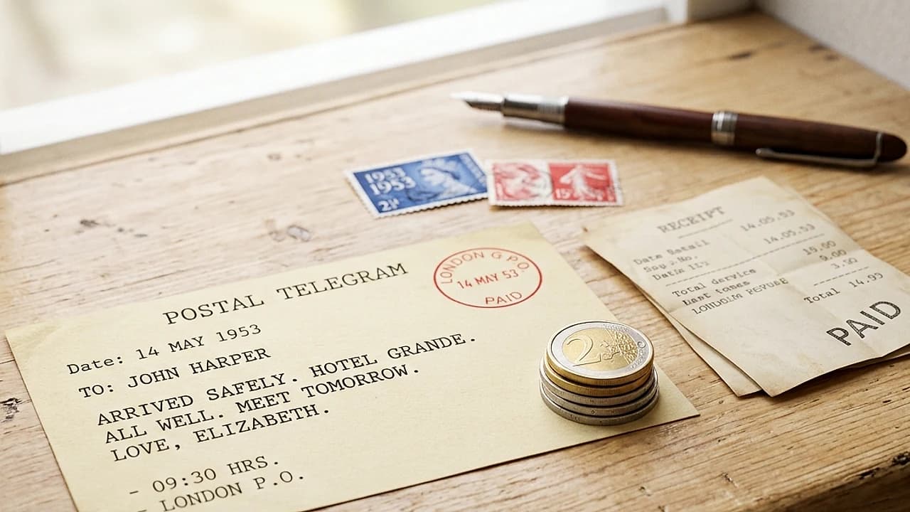 Modulo di telegramma su un bancone postale accanto a monete e ricevuta, costo di un telegramma nel 2026