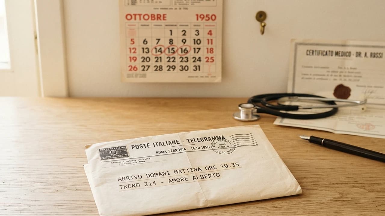 Telegramma cartaceo su scrivania con calendario e certificato medico: comunicazione assenza dal lavoro 2026.