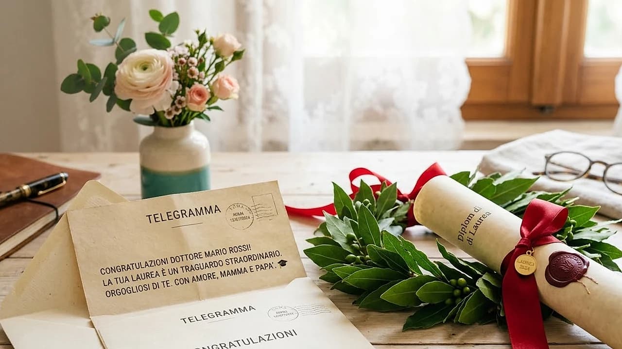 Telegramma di congratulazioni aperto accanto a una corona d'alloro e a una pergamena di laurea su una scrivania