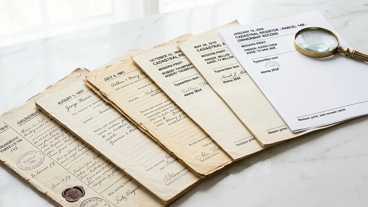 Registro catastale storico con timeline dei passaggi di proprietà, visura catastale storica di un immobile