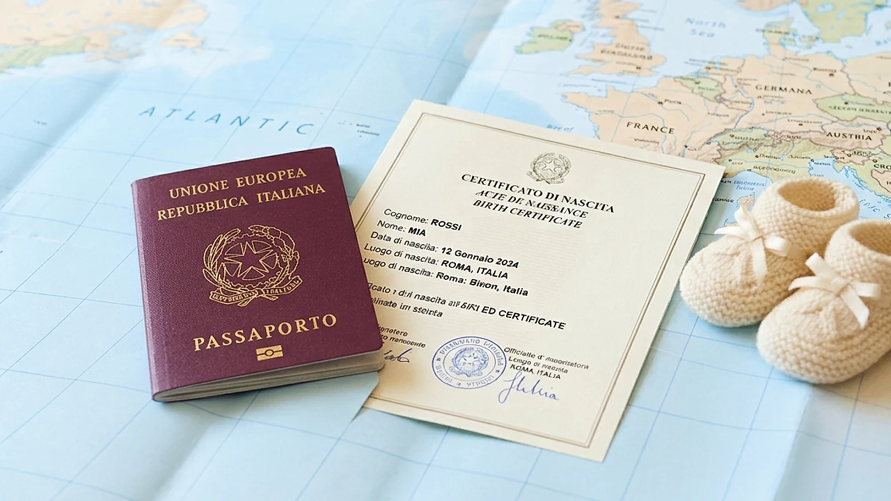 Passaporto italiano e atto di nascita estero plurilingue su una mappa: trascrizione dell'atto di nascita estero in Italia