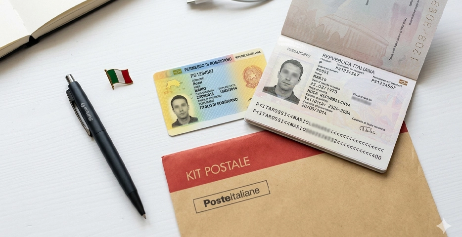 Permesso di soggiorno elettronico, passaporto e busta kit postale su scrivania — guida rinnovo 2026 con costi e documenti