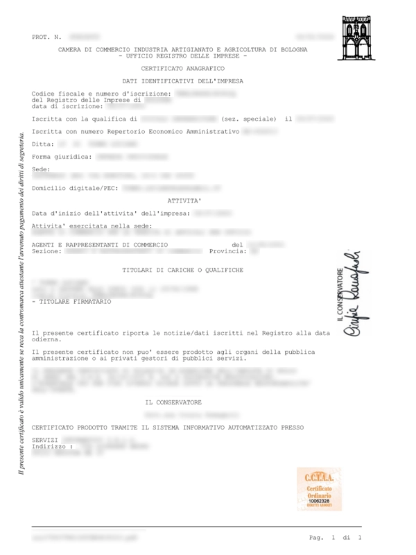 Certificato iscrizione Camera di Commercio - Documento ufficiale per imprese italiane