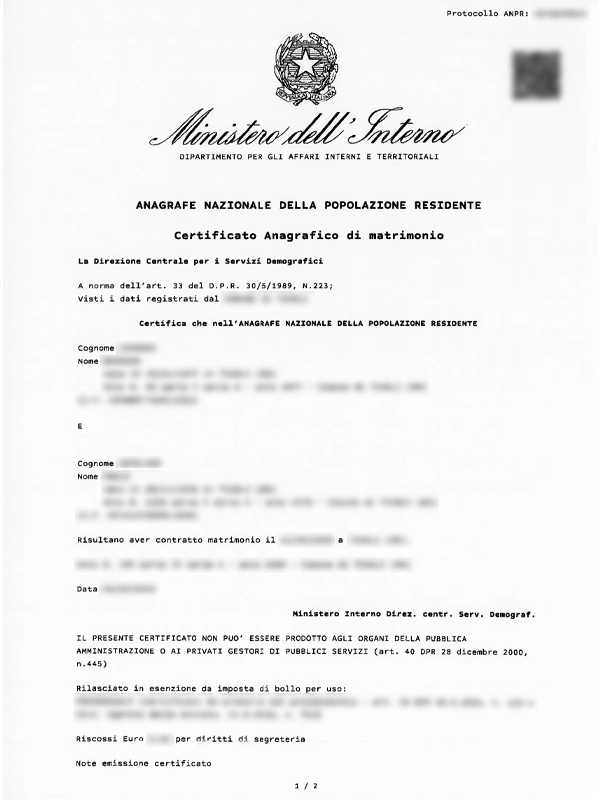 Copia integrale di Matrimonio - Certificato ufficiale anagrafico italiano