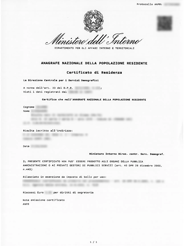Certificato di Residenza ufficiale - Documento anagrafico residenza italiana