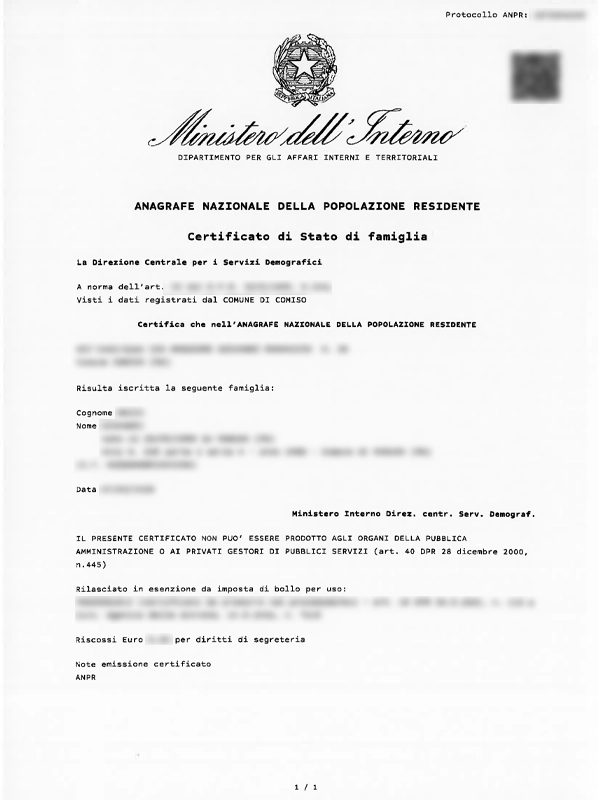 Certificato Stato di Famiglia ufficiale - Documento anagrafico familiare italiano